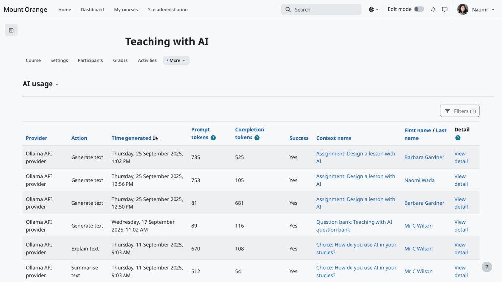 AI usage report moodle 5.3